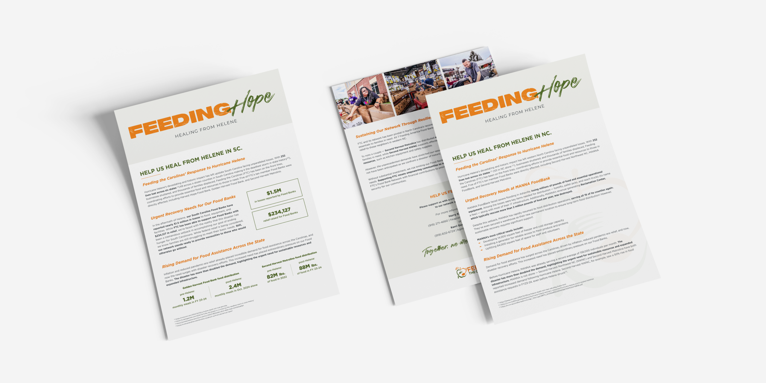 mockup of two Feeding the Carolinas' one pagers created by Angel Oak Creative during Hurricane Helene crisis communications efforts