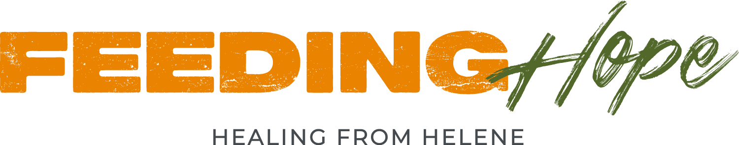 A wordmark showcasing Feeding The Carolinas' crisis communications campaign during Hurricane Helene relief named, "Feeding Hope" with tagline, "Healing from Helene"