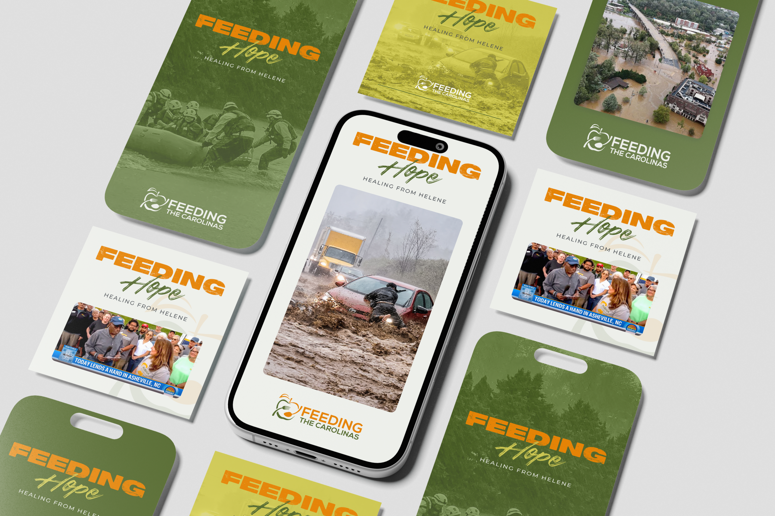 mockup of Feeding the Carolinas' social media posts created by Angel Oak Creative during Hurricane Helene crisis communications efforts
