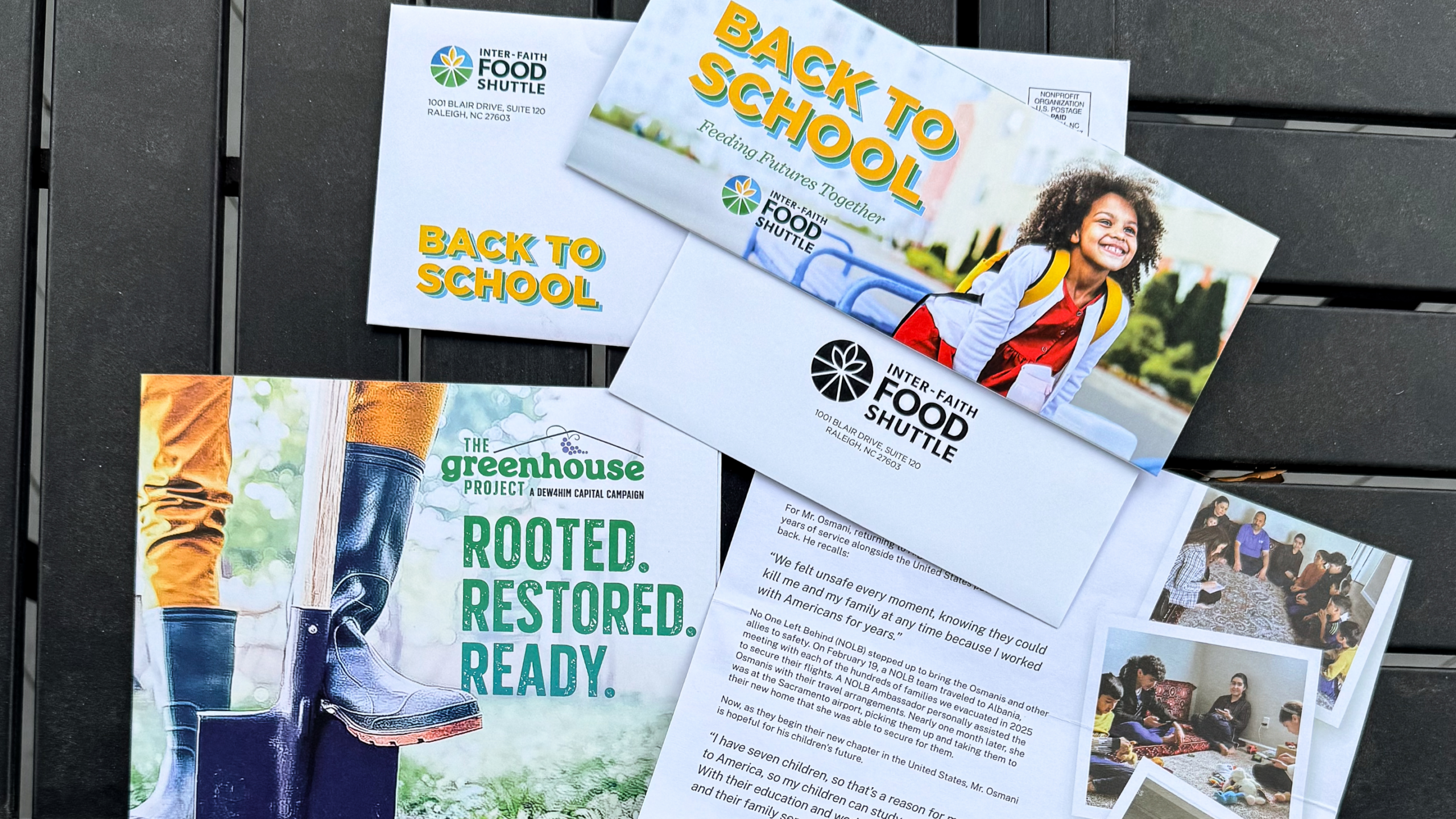 Collection of nonprofit fundraising materials including direct mail appeals, envelopes, and campaign collateral for Inter-Faith Food Shuttle and The Greenhouse Project.