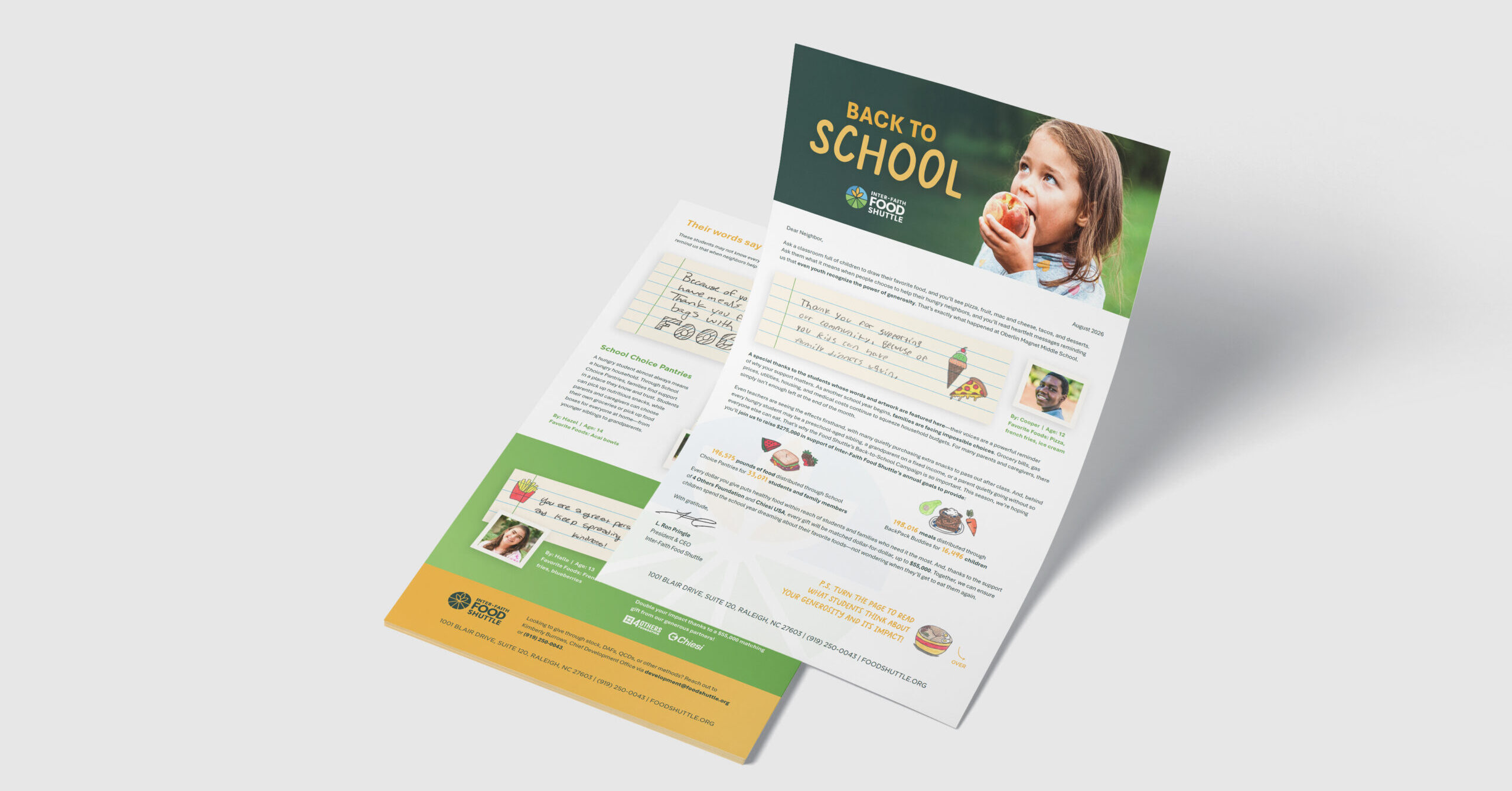 mockup of an Inter-Faith Food Shuttle designed appeal letter created by Angel Oak Creative for a fundraising campaign