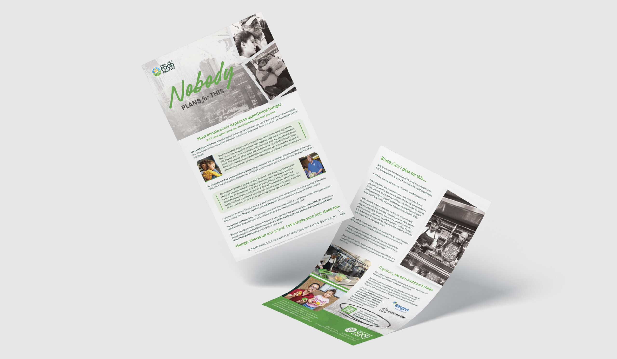 another mockup of an Inter-Faith Food Shuttle designed appeal letter created by Angel Oak Creative for a fundraising campaign