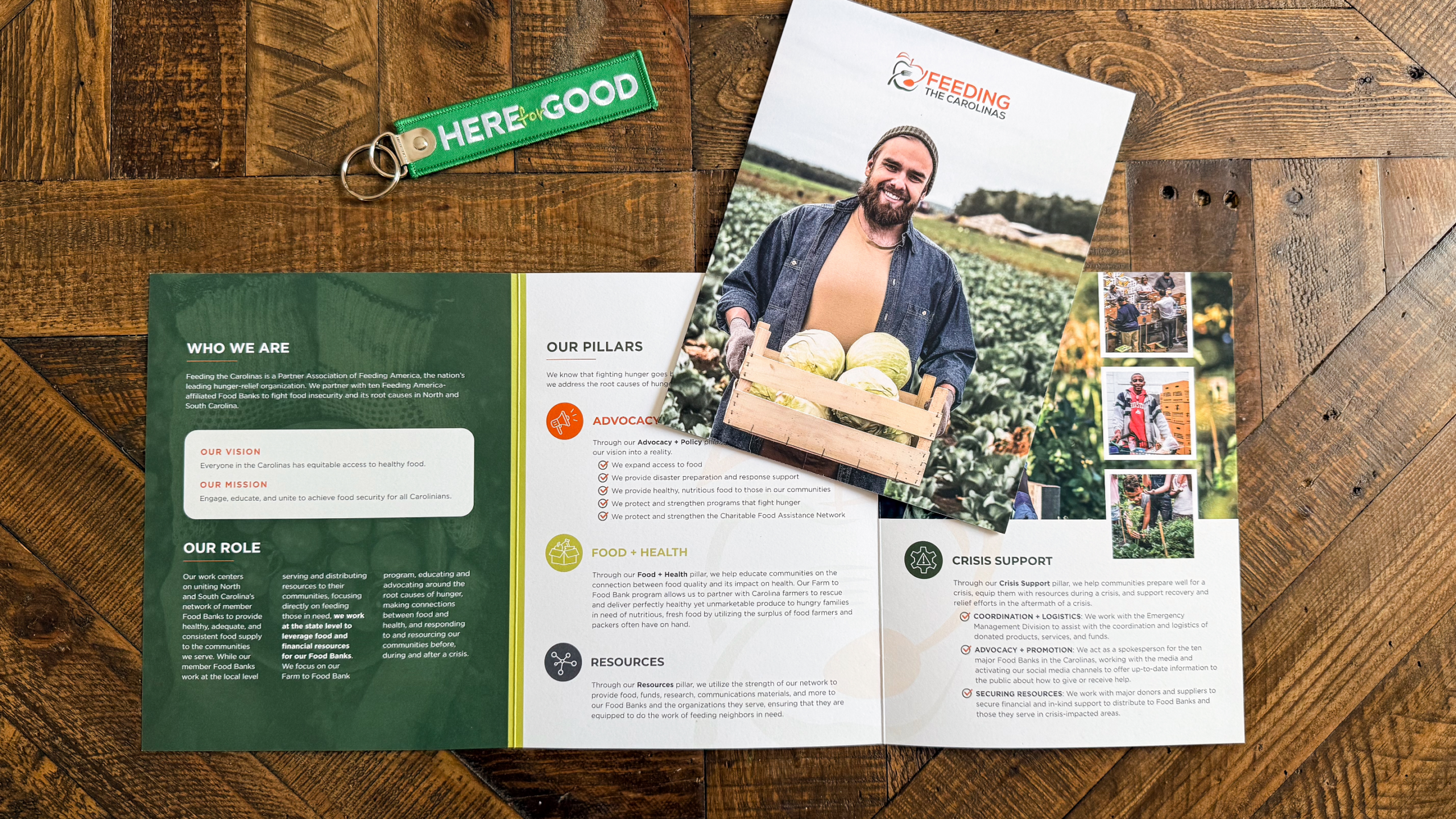 Modern tri-fold brochure for Feeding the Carolinas featuring photography, organizational information, and icons highlighting key program areas.